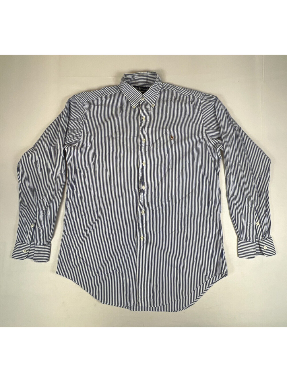 Ralph Lauren Men 15-35 Yarmouth Button Down Shirt Blue White Striped Cotton